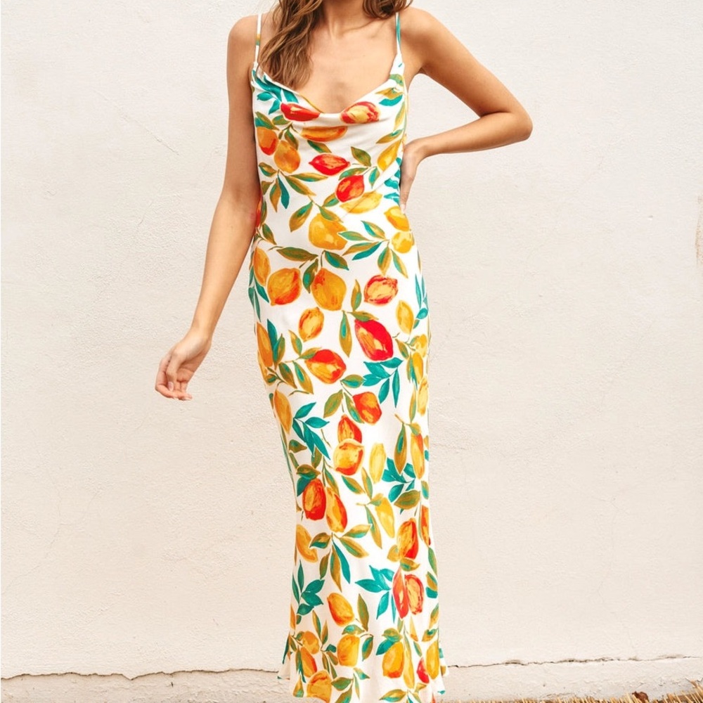 LEMON BLOSSOM COWL NECK MIDI DRESS